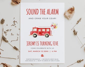 Fire Truck Birthday Invitation, Fireman Party, Phone & Printable Card Template