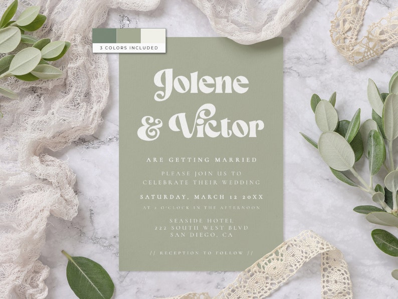 Sage green wedding invitation, Editable template, Olive green wedding invite, Printable invite Corliss image 2