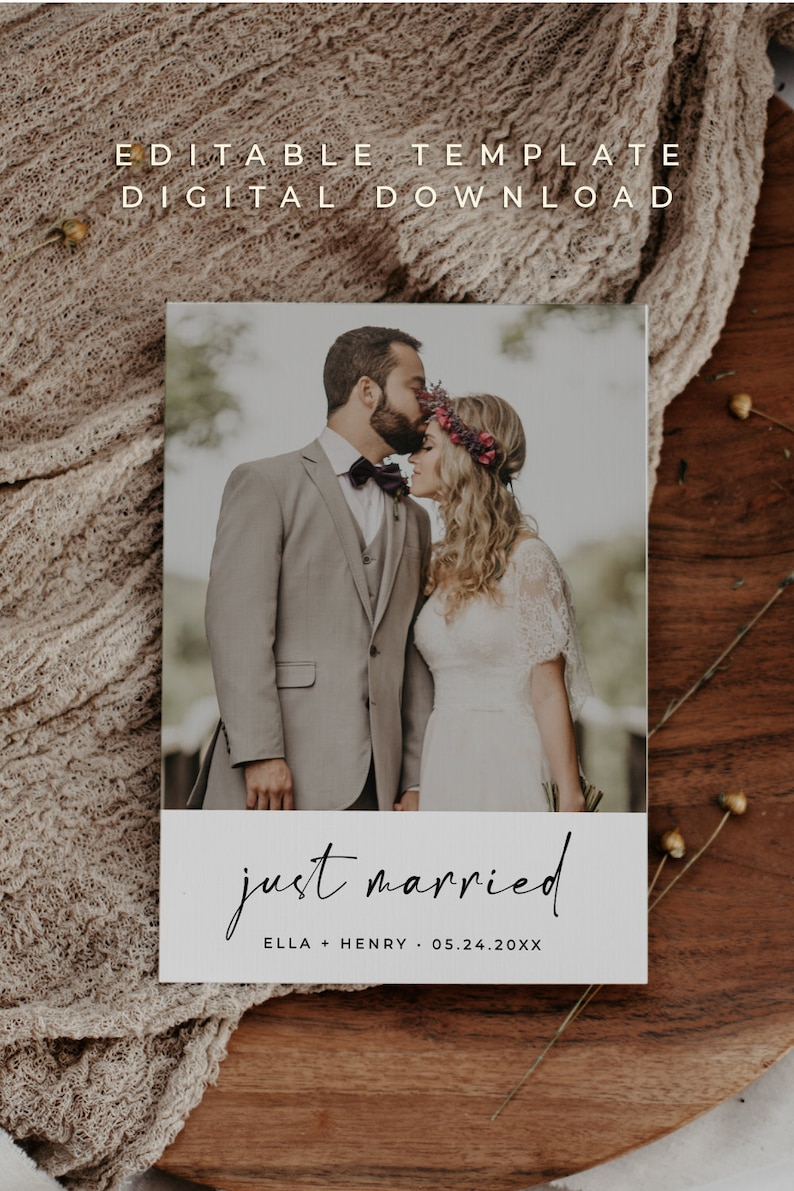 Just married photo card template, Wedding announcement printable card, Elopement card editable file PDF ALFREDA image 7