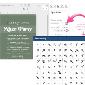 May include: A green after party invitation template with the text "Happily Ever After Party" in a white script font. The invitation includes the names Jolene and Lindon, the date of the wedding, and the location of the after party. The invitation also includes a character map with a variety of decorative letters and symbols.