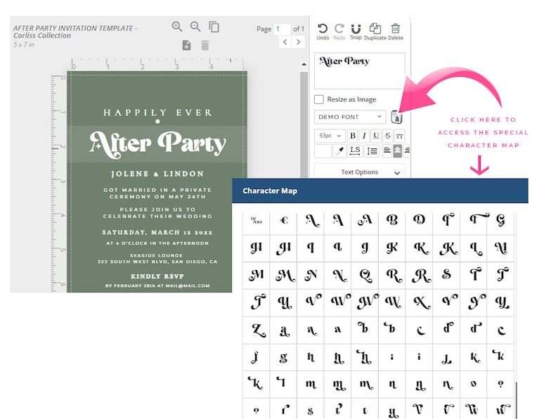May include: A green after party invitation template with the text "Happily Ever After Party" in a white script font. The invitation includes the names Jolene and Lindon, the date of the wedding, and the location of the after party. The invitation also includes a character map with a variety of decorative letters and symbols.
