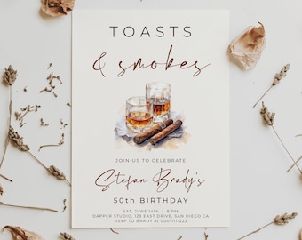 Invitación de cumpleaños con brindis y humo, plantilla para fiesta de cumpleaños con whisky y puros, ALFREDA