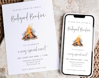 Puede incluir: Una invitación blanca y un teléfono inteligente muestran una invitación de "Backyard Bonfire". El diseño incluye arte en acuarela de una fogata y detalles del evento. La invitación es para un evento especial el 14 de junio a las 19:00.