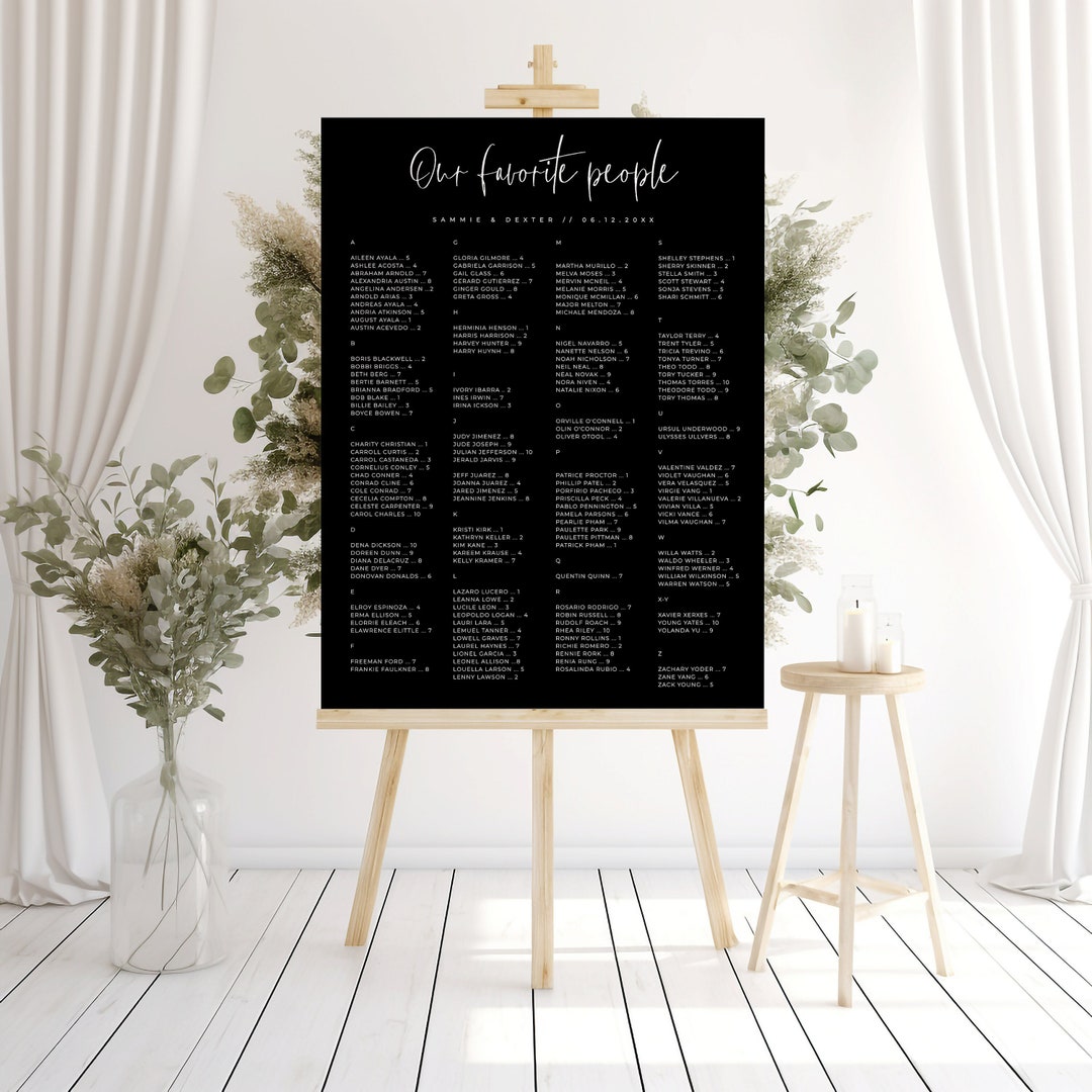 Alphabetical Seating Chart Template, Black Editable Table Plan for ...
