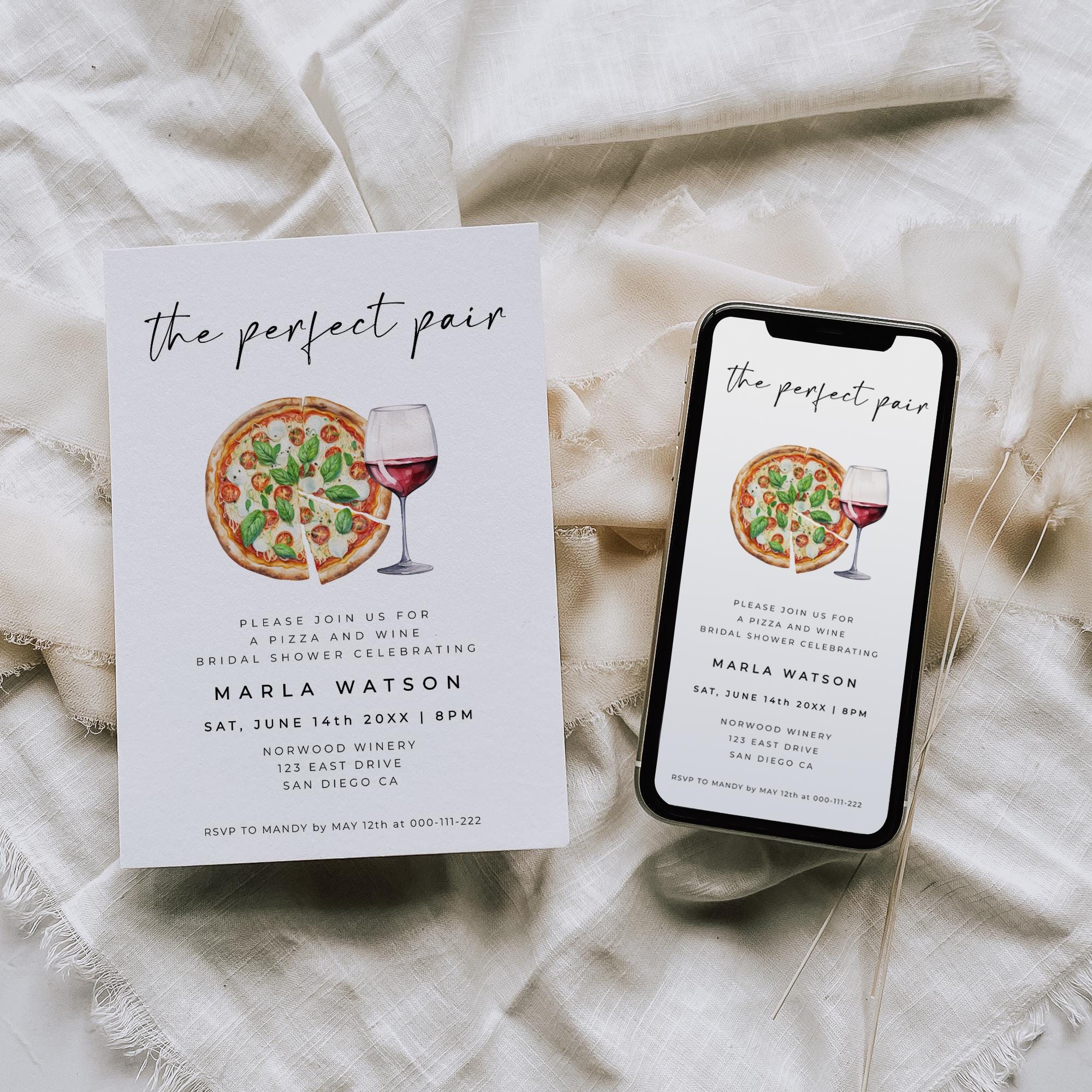 Pizza and Wine Invitation, the Perfect Pair Bridal Shower Phone