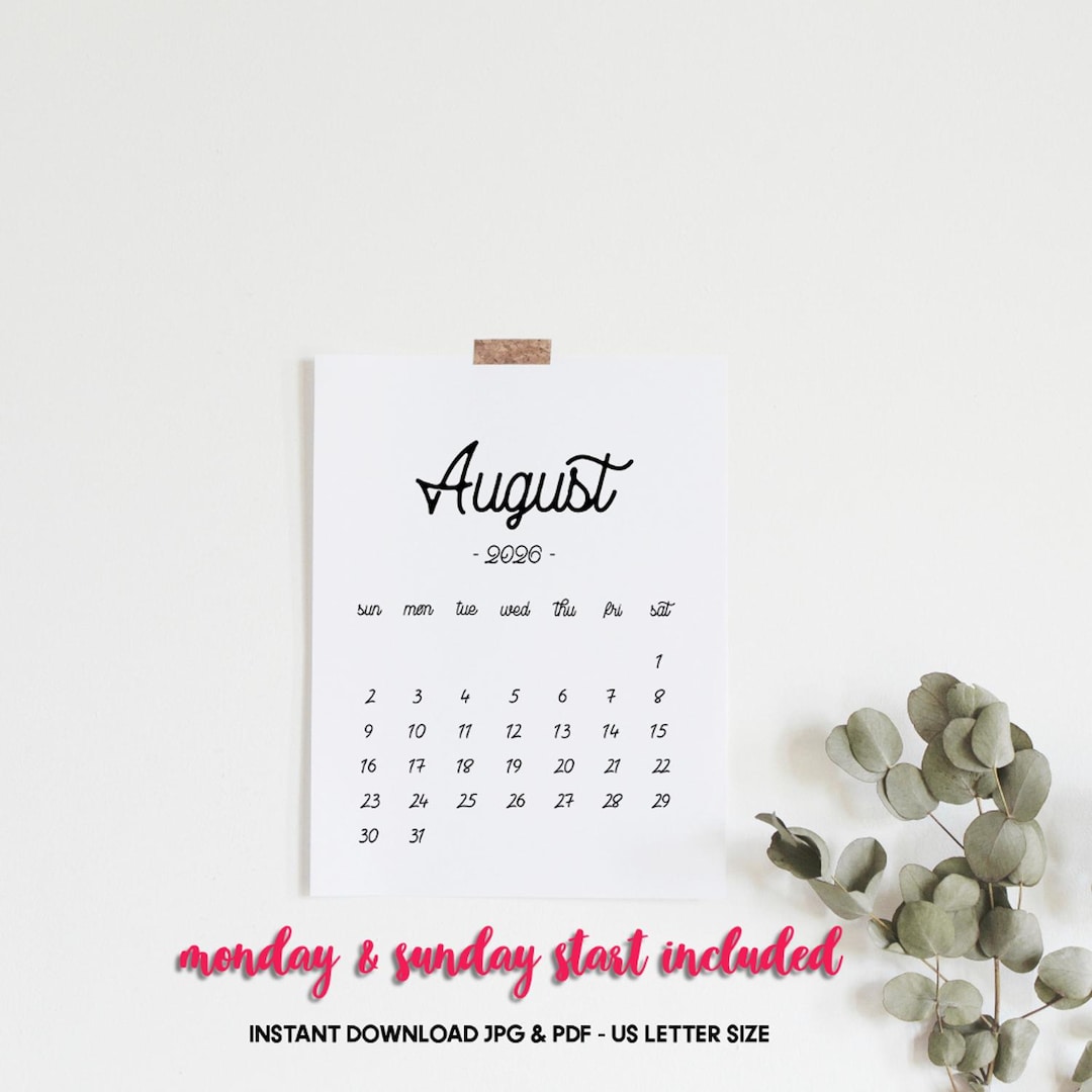 Printable Calendar August 2026, August 2026 Baby Due Date Calendar,  Pregnancy Calendar - Etsy