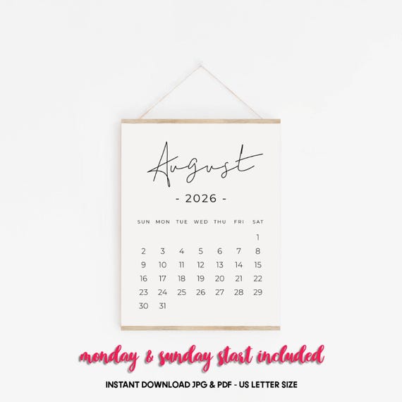August 2026 Printable Calendar, Pregnancy Calendar Digital Download, Baby Announcement August Calendar