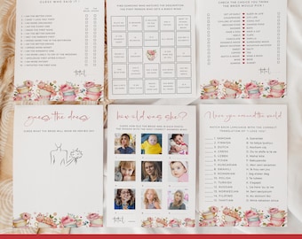 Jeux de douche nuptiale Tea Party, lot de jeux de douche nuptiale, modèle modifiable de jeux imprimables
