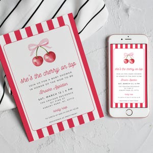 Faire-part de baby shower cerise sur le dessus, modèle modifiable de baby shower fille, jolie carte électronique et imprimable