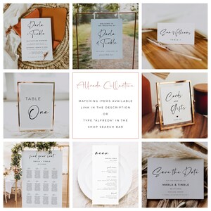 Puede incluir: Un conjunto de carteles de boda imprimibles en un estilo minimalista con caligraf&iacute;a negra sobre fondos blancos. Los carteles incluyen un cartel de bienvenida, un cartel de n&uacute;mero de mesa, un plano de asientos, un men&uacute;, un cartel de tarjetas y regalos, y un cartel de guardar la fecha. Los carteles son perfectos para una boda moderna.