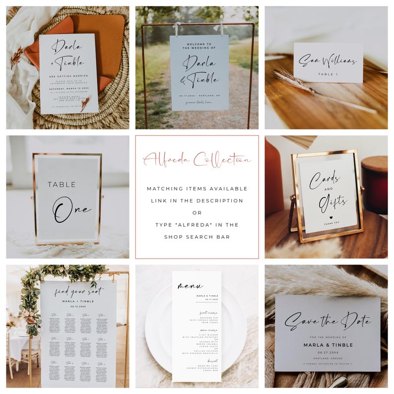 Puede incluir: Un conjunto de carteles de boda imprimibles en un estilo minimalista con caligraf&iacute;a negra sobre fondos blancos. Los carteles incluyen un cartel de bienvenida, un cartel de n&uacute;mero de mesa, un plano de asientos, un men&uacute;, un cartel de tarjetas y regalos, y un cartel de guardar la fecha. Los carteles son perfectos para una boda moderna.