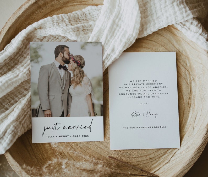 Just married photo card template, Wedding announcement printable card, Elopement card editable file PDF ALFREDA image 1