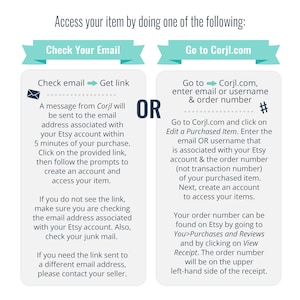 May include: A teal blue banner with the text "Check Your Email" and a teal blue banner with the text "Go to Corjl.com".  The image provides instructions on how to access an item by checking your email or going to the Corjl.com website.  The text includes the phrase "Edit a Purchased Item".