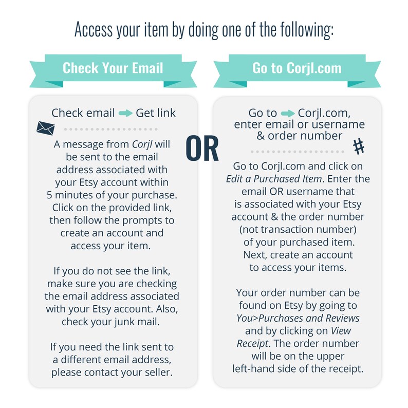 May include: A teal blue banner with the text "Check Your Email" and a teal blue banner with the text "Go to Corjl.com".  The image provides instructions on how to access an item by checking your email or going to the Corjl.com website.  The text includes the phrase "Edit a Purchased Item".