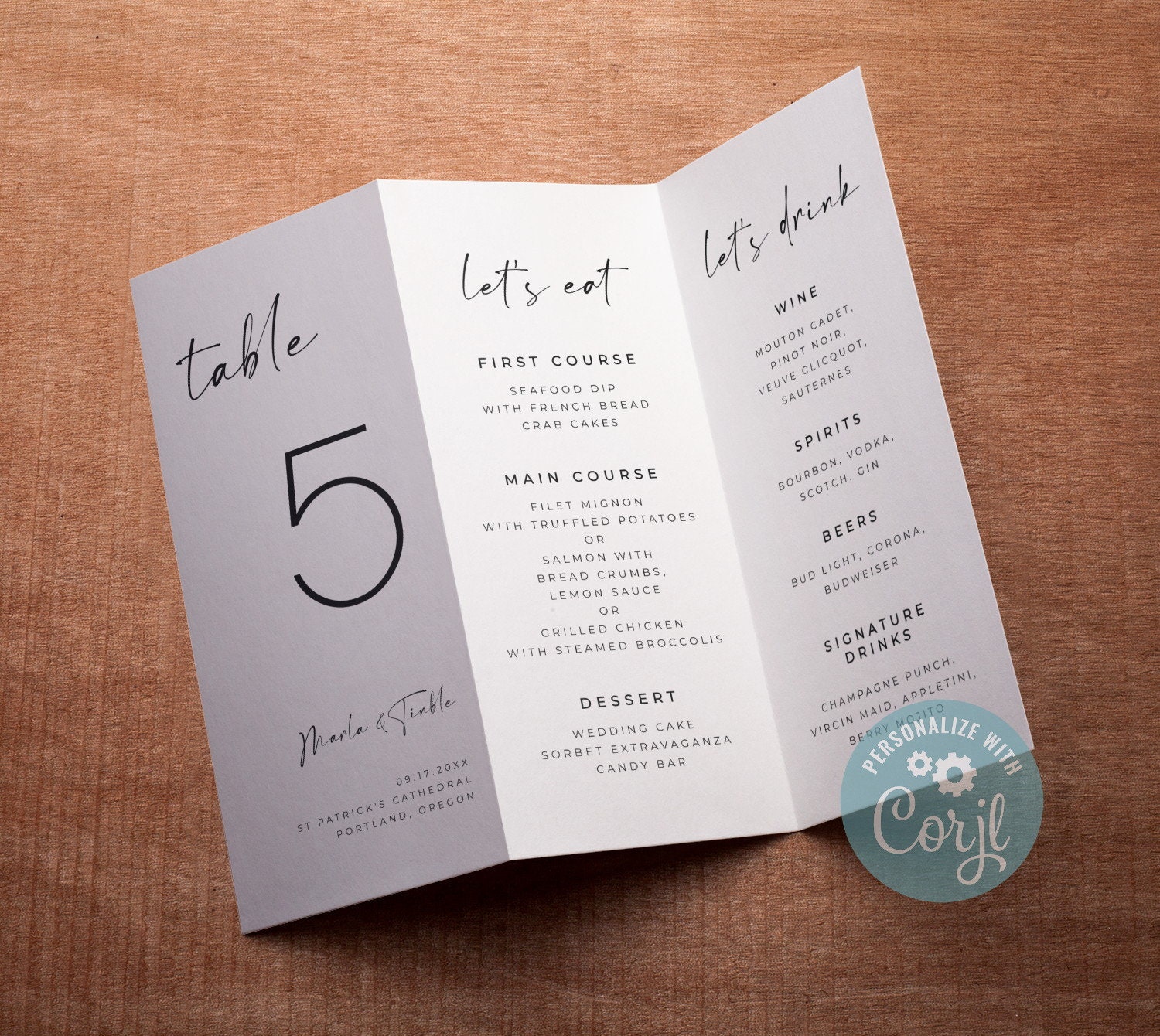 Trifold Wedding Menu Template, Modern Minimalist Table Number, Triangle Menu Editable Template