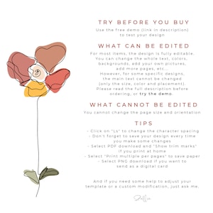 May include: A graphic design template with a stylized flower illustration in orange, yellow, and red. The text reads "Try Before You Buy", "What Can Be Edited", "What Cannot Be Edited", and "Tips".