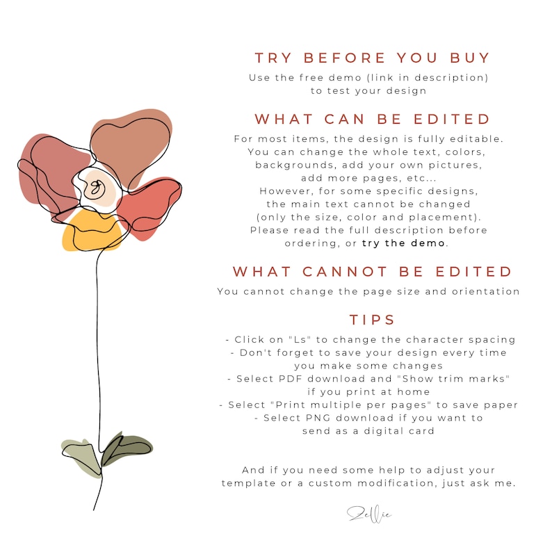 May include: A graphic design template with a stylized flower illustration in orange, yellow, and red. The text reads "Try Before You Buy", "What Can Be Edited", "What Cannot Be Edited", and "Tips".