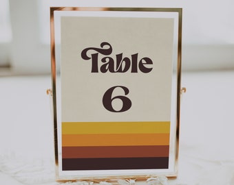 Wedding Table Numbers Template, Table Numbers, Printable Card, Retro Groovy Table Card Template - Esme