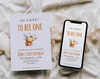 So Sweet To Bee One, 1st Birthday Invitation, Phone & Printable Card
