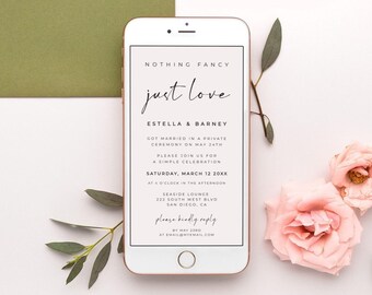 Nothing fancy just love electronic invite, Elopement reception phone invitation, Casual wedding party, ALFREDA