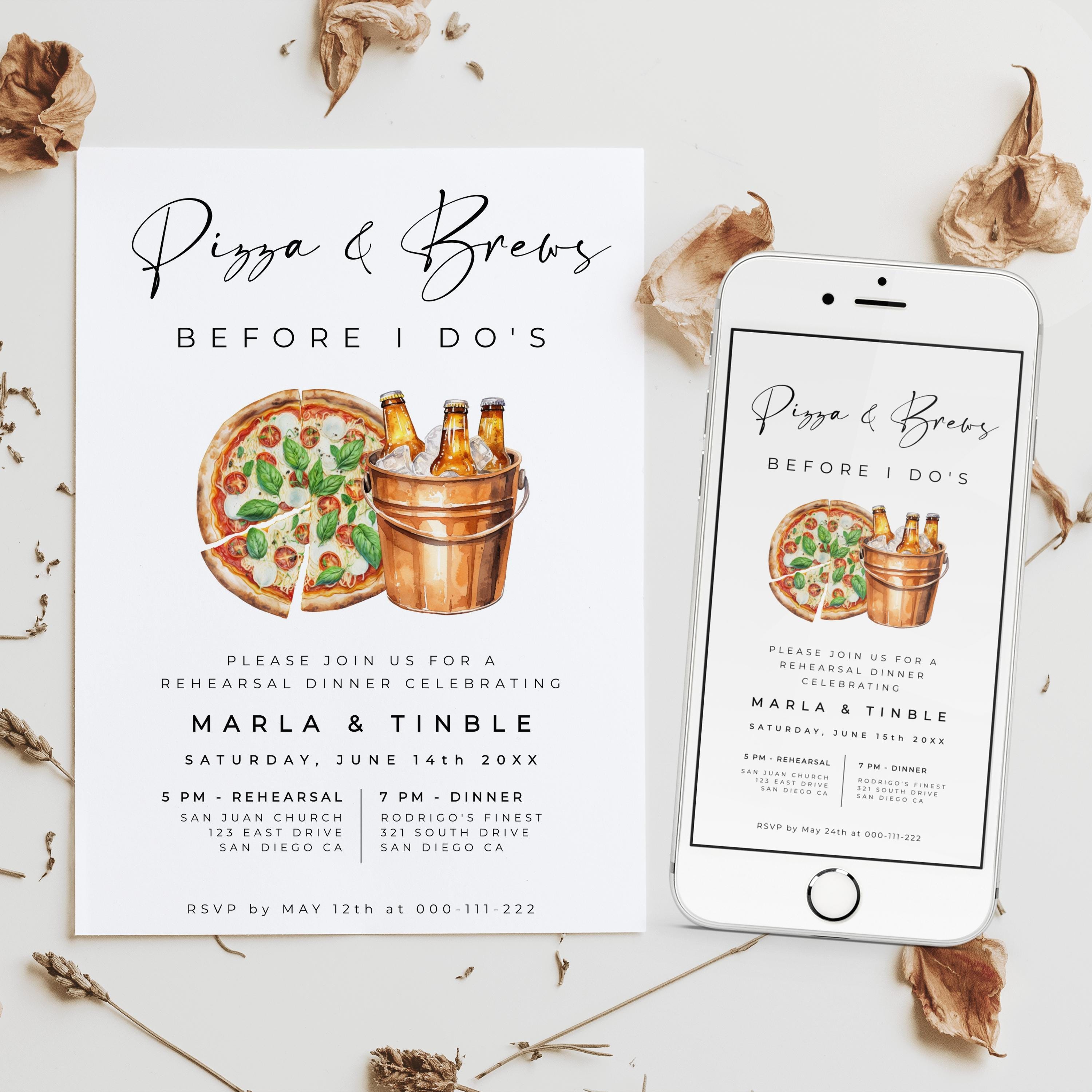 Pizza and Brews Before I Do's Rehearsal Dinner Printable Card and