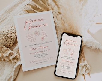 PJs And Prosecco, Pajamas And Prosecco Bridal Shower Invite, Phone & Printable Card Template, PIA