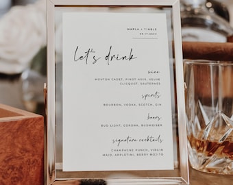 Bar Menu Template, Let's Drink, Bar Menu Sign, Wedding Bar Menu, Wedding Drink Sign - Alfreda