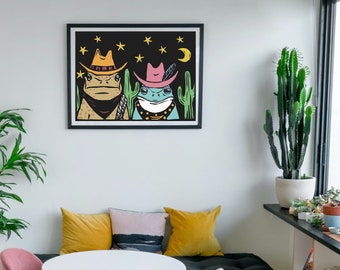 Cowboy Frosch Poster - 18x24 "Wanddruck wunderliche lustige bunte Kröte und Frosch mit Cowboyhüten mit Kakteenkunst