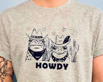 Howdy Cowboy Frog Hand-printed Tshirt- Unisex funny colorful toad and frog wearing cowboy hats in desert multicolor short sleeve shirt