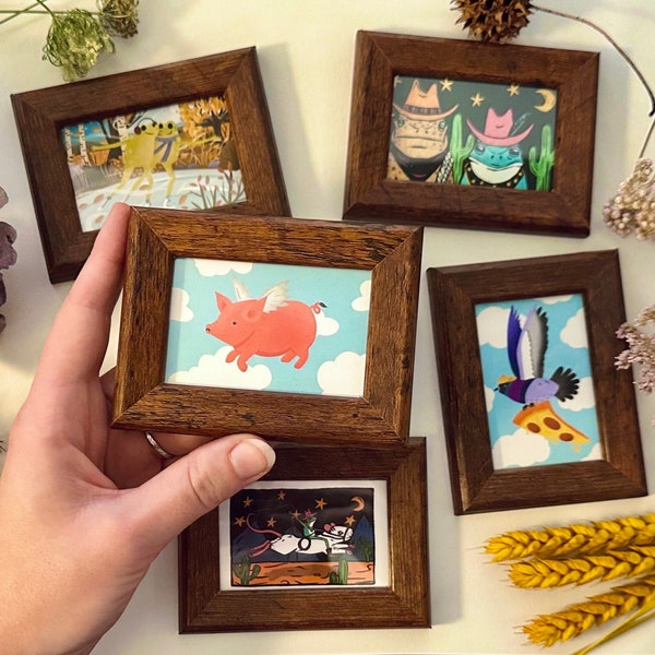 PICK 2! Mini framed prints - cute matte 3x4" funny colorful wall art feat. flying pig, cowboy frogs, city pigeon and ice skaters