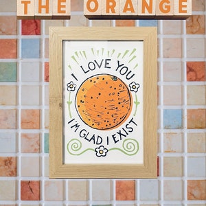 Oprawiony wydruk „The Orange” – Kocham cię, cieszę się, że istnieję, 4”x6”, uroczy wydruk linorytowy ze stokrotkami, plakat ścienny