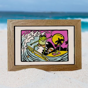 Surfer Frog (frame optional) 4&quot;x6&quot;- ready to hang funny cute frog couple on the beach sunbathing surfing wave