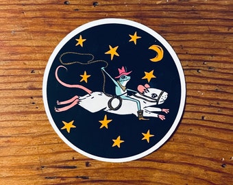 Cowboy Frog Riding Mouse Sticker - 2" vinyl laptop sticker funny colorful rodeo frog with cowboy hat