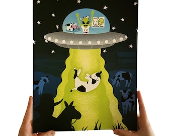 Cow abduction ufo poster (11”x14”) friends 4eva cow and alien western wall art print