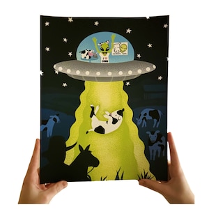 Cow abduction ufo poster (11”x14”) friends 4eva cow and alien western wall art print