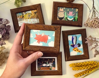 PICK 2! Mini framed prints - cute matte 3x4" funny colorful wall art feat. flying pig, cowboy frogs, city pigeon and ice skaters