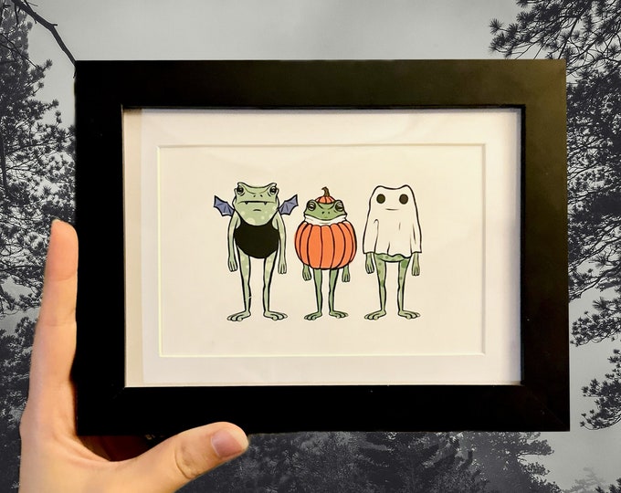 Halloween Frogs Framed Print - spooky cute Toad and Frog in pumpkin ghost and bat  costumes wall art