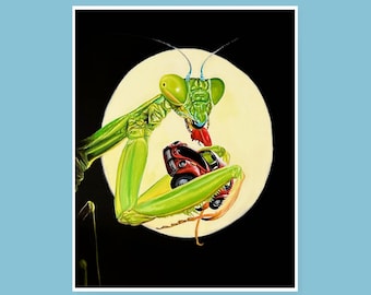 染色絵画　カマキリ カマキリを食べるカブトムシ車 6x8インチまたは5x7インチ かわいい