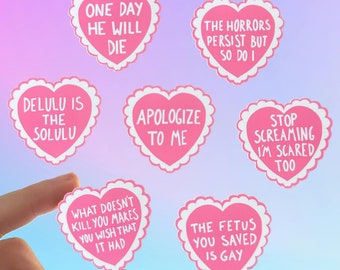 Angry Girl Heart Stickers - 1.5&quot; vinyl laptop stickers funny sarcastic cute scalloped pink hearts