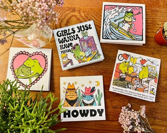 PICK 3! Frog Cards/mini prints - cute matte 4x4&quot; folded greeting cards/prints funny colorful cowboy surfer gift for frog lovers
