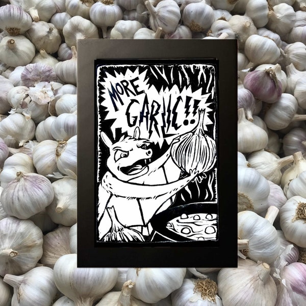 Garlic Bat Framed Print- ready to hang 4"x6" kitchen animal art for garlic lovers “more garlic!” cute chef bat cooks soup in cauldron