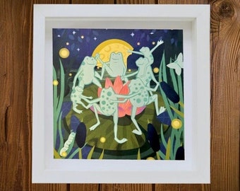 Dancing Frogs Ghostly Marsh Print- 8x8” happy wall print featuring nighttime gathering in a marsh around a lotus flower under a rising moon