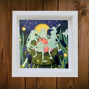Dancing Frogs Ghostly Marsh Print- 8x8” happy wall print featuring nighttime gathering in a marsh around a lotus flower under a rising moon