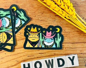 Cowboy Frog Sticker - 2x3" vinyl laptop sticker funny colorful toad and frog with cowboy hats and cacti