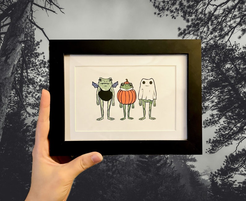 Halloween Frogs Framed Print - spooky cute Toad and Frog in pumpkin ghost and bat costumes wall art image 1