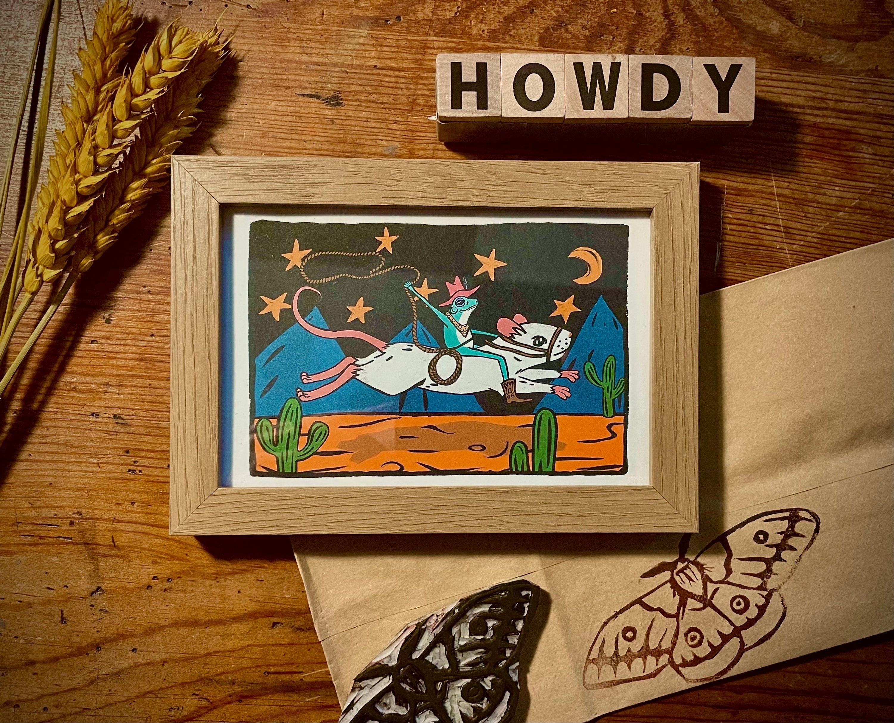Framed Cowboy Frog Riding Mouse Print - ready to hang 4"x6" wall print whimsical funny colorful rodeo frog wearing cowboy hat art poster