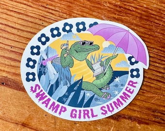Swamp Girl Summer Alligator Sticker - 3.5” wide funny vinyl laptop sticker featuring swamp and crocodile