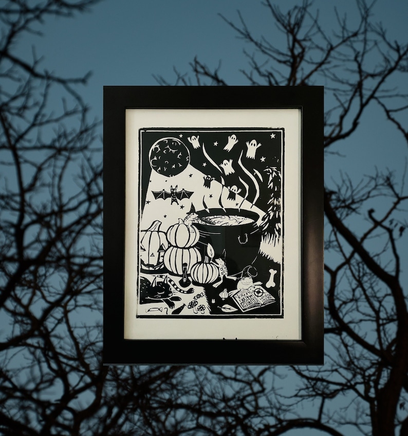 Frog Witch Halloween Poster (11x14) Cute Ghosts With Jack O Lantern ...