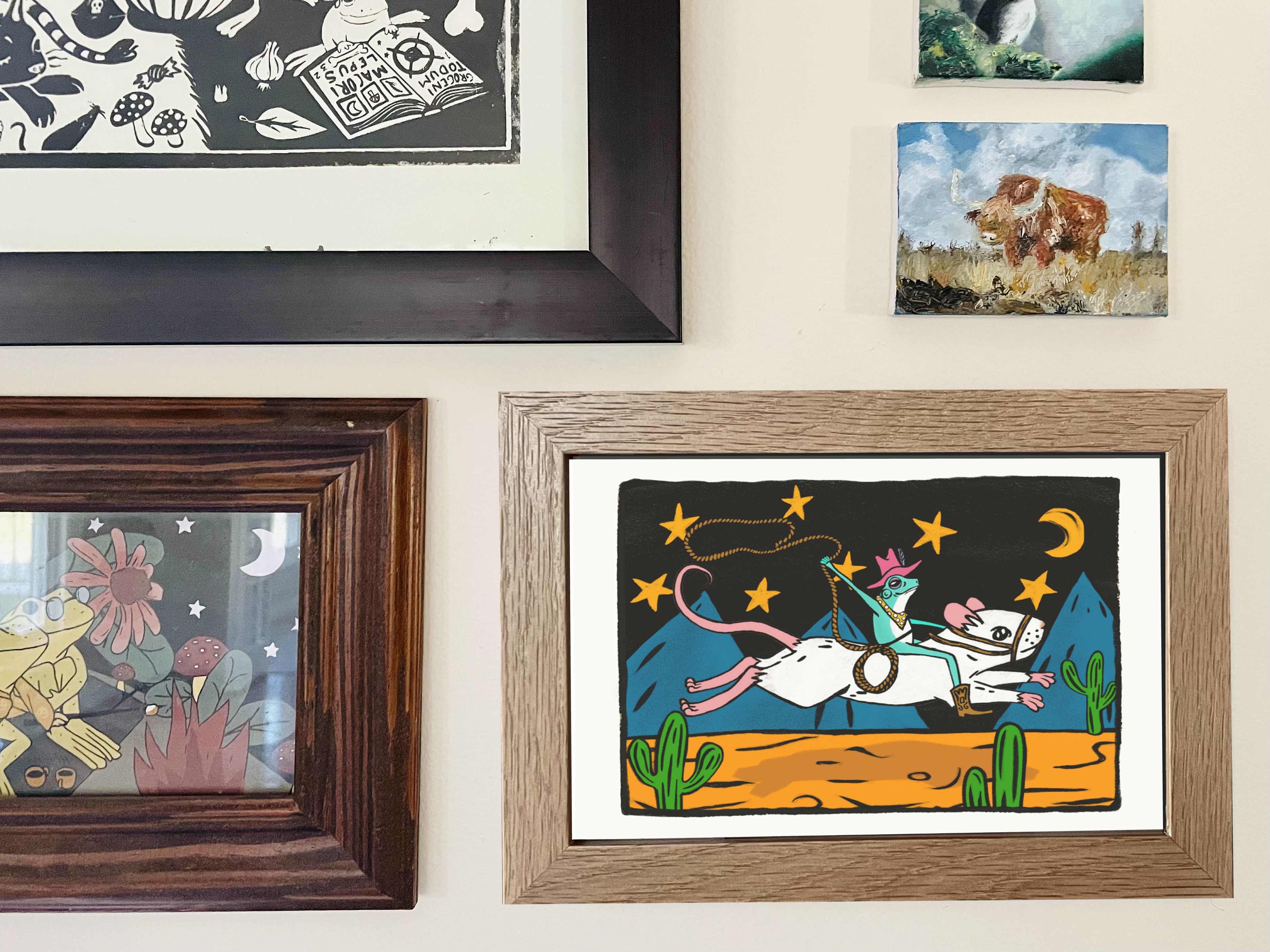 Framed Cowboy Frog Riding Mouse Print - ready to hang 4"x6" wall print whimsical funny colorful rodeo frog wearing cowboy hat art poster