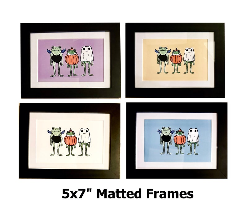 Halloween Frogs Framed Print - spooky cute Toad and Frog in pumpkin ghost and bat costumes wall art image 3